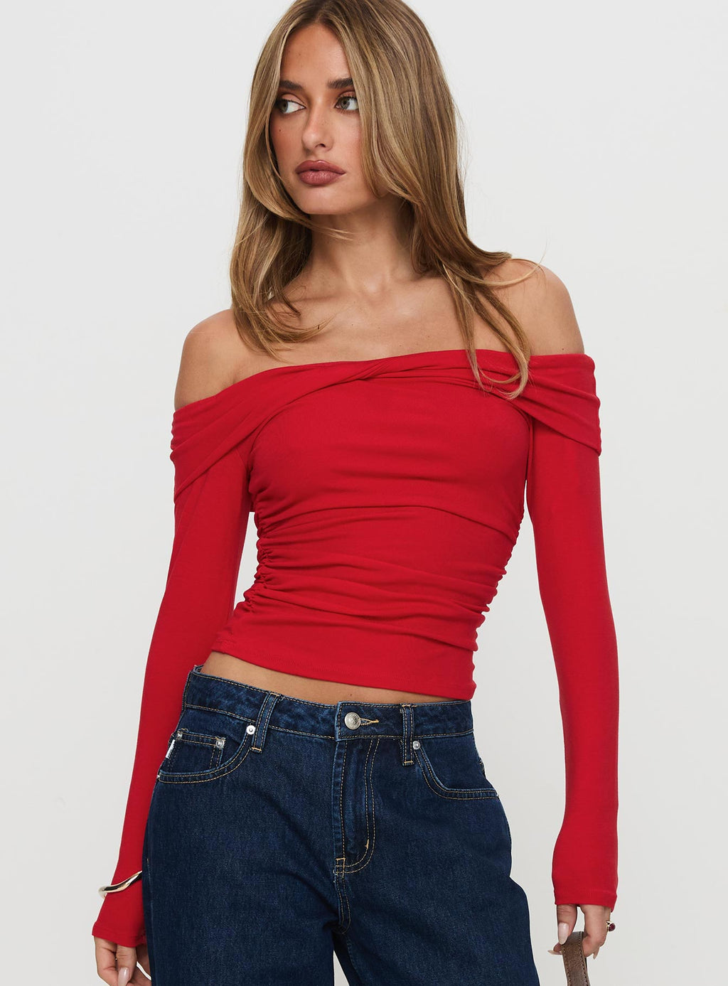 Sonnett Off Shoulder Twist Long Sleeve Top Red