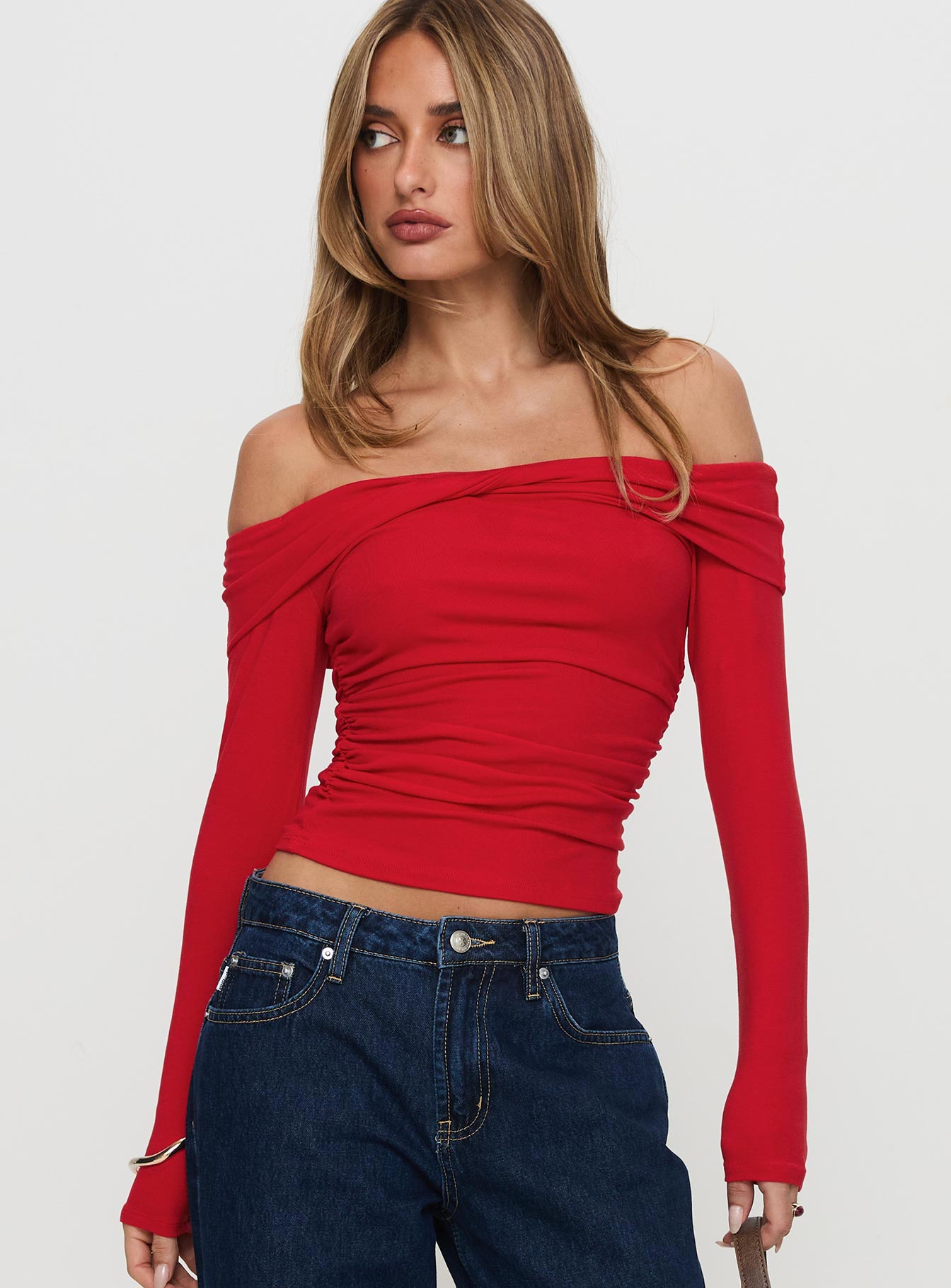 Sonnett Off Shoulder Twist Long Sleeve Top Red