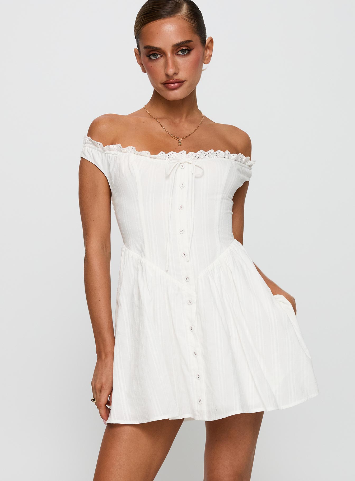 White Horse Off The Shoulder Mini Dress White