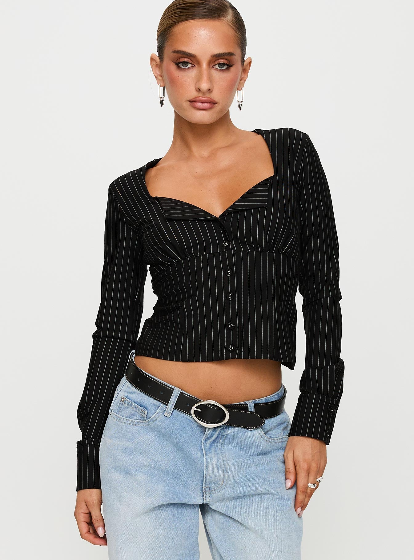 Set For Life Foldover Detail Long Sleeve Top Black / White Pinstripe