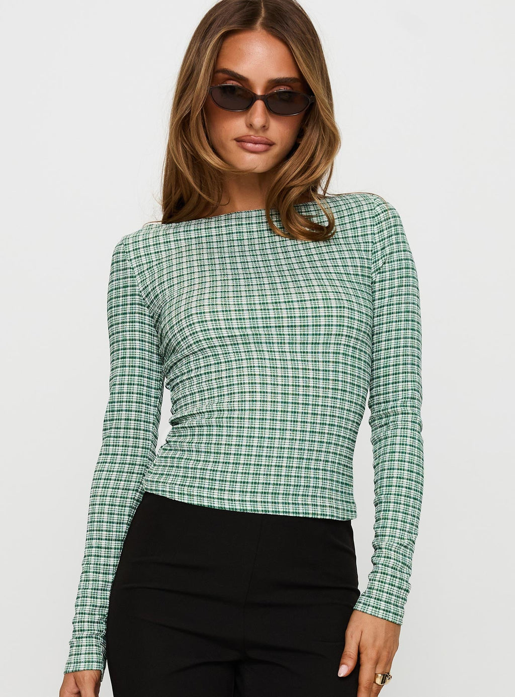 Every Second Boat Neck Long Sleeve Top Green Check