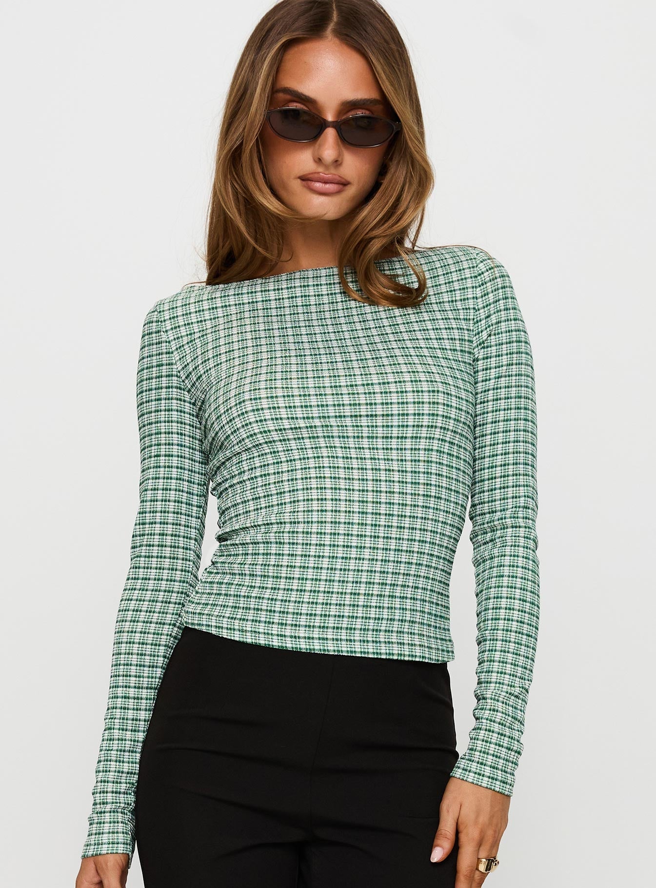 Every Second Boat Neck Long Sleeve Top Green Check