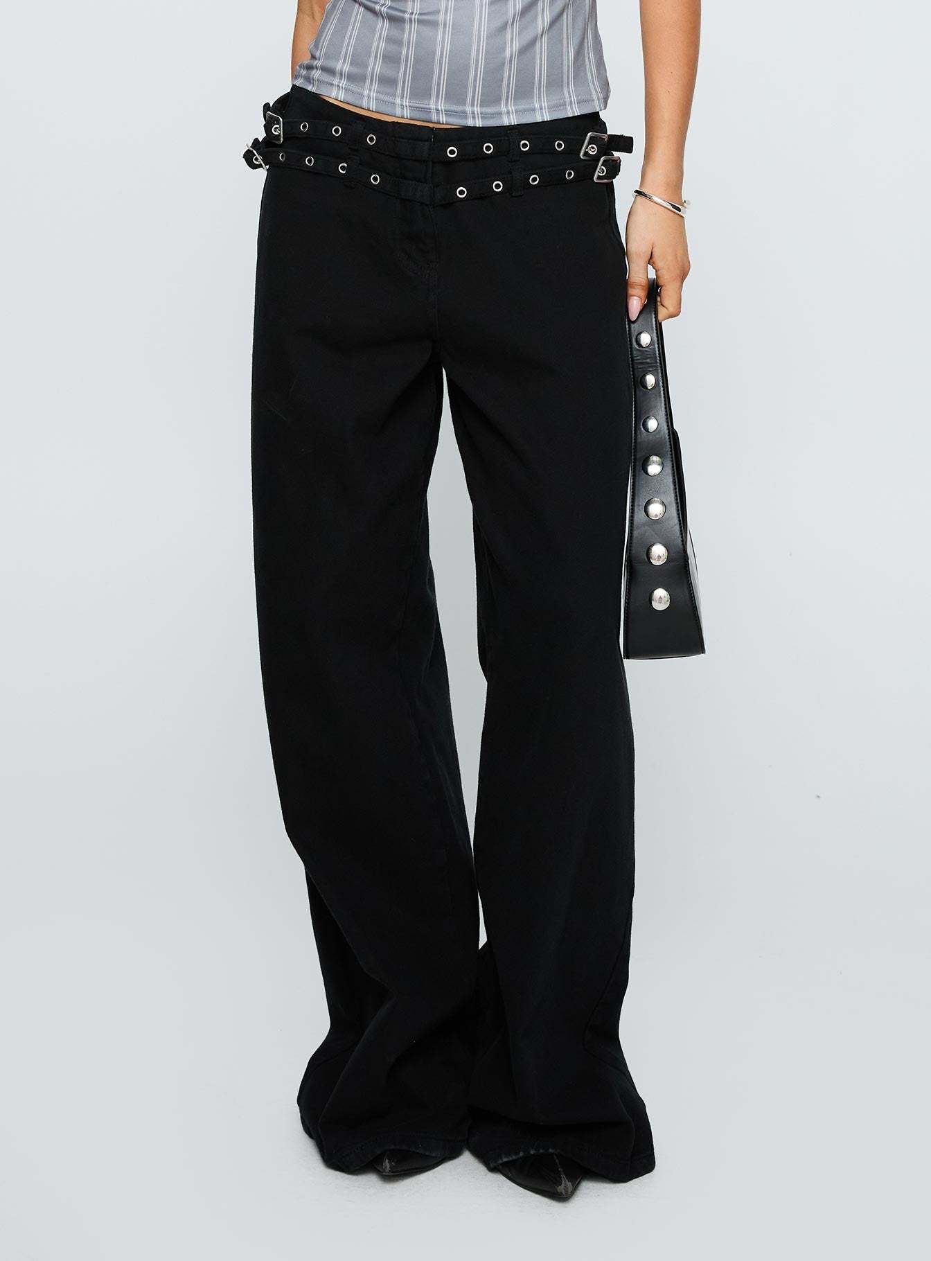 Baccarat Mid Rise Wide Leg Belted Jeans Black