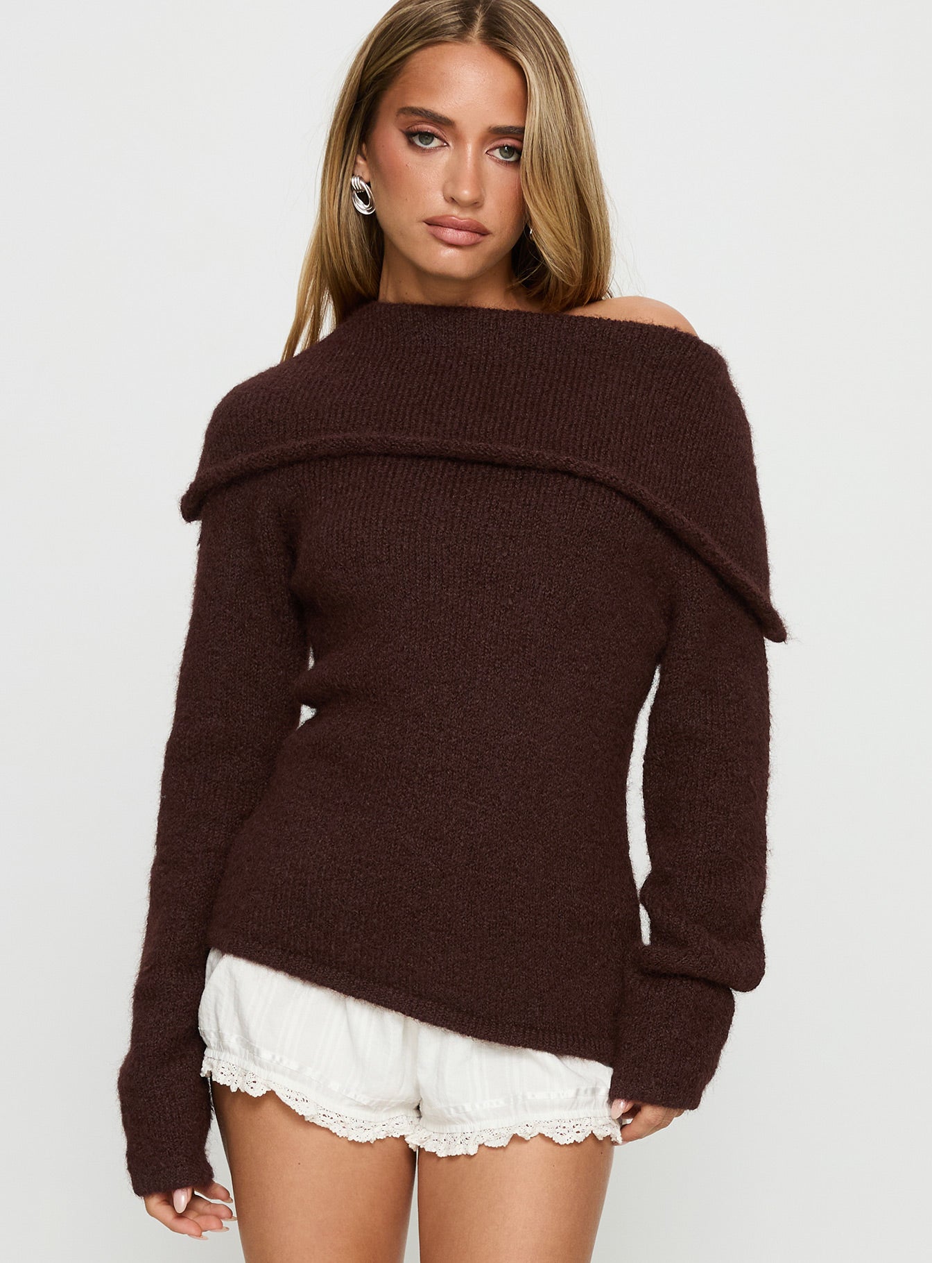 Kinslea Off Shoulder Knit Sweater Brown