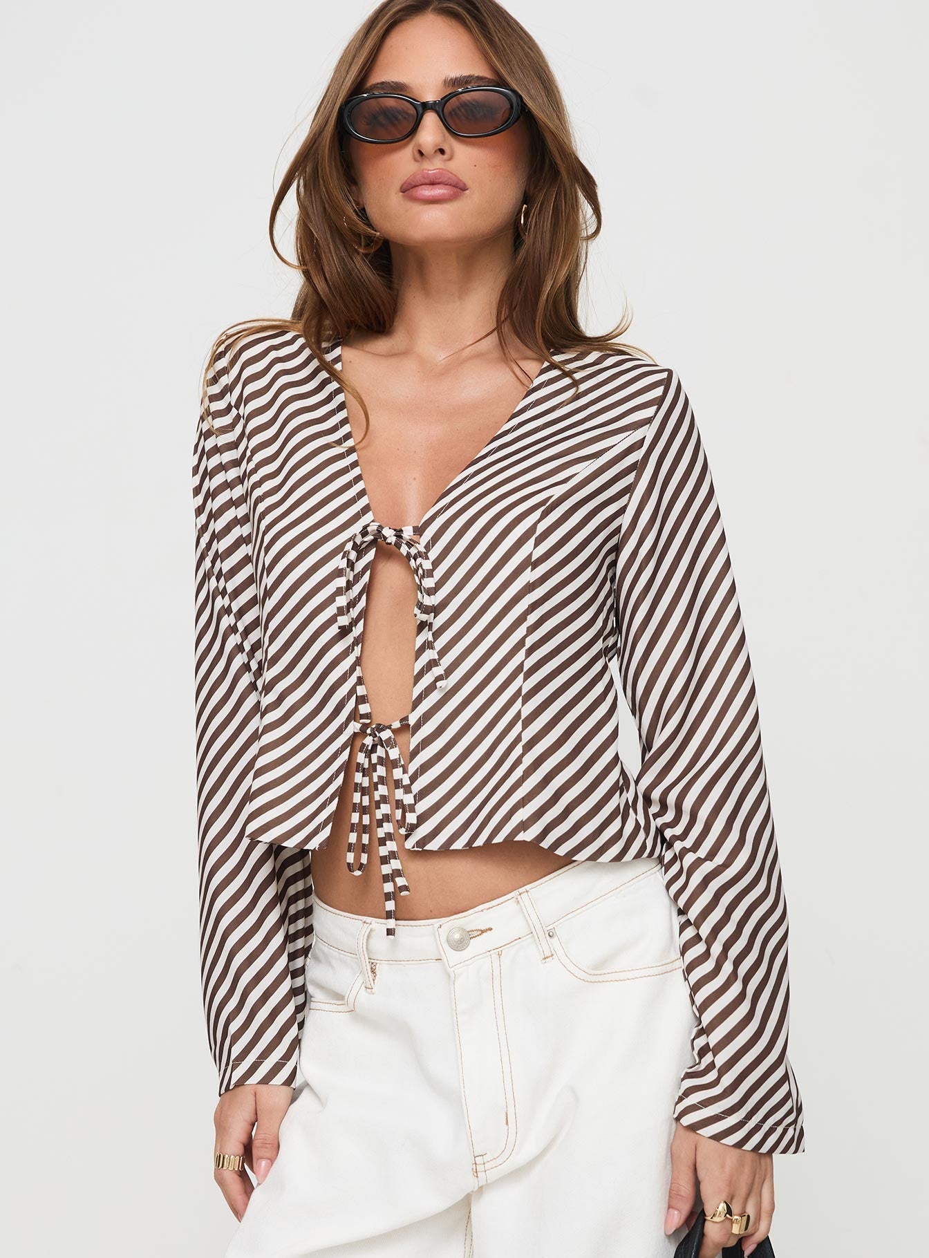 Maxette Long Sleeve Tie Top Brown Stripe