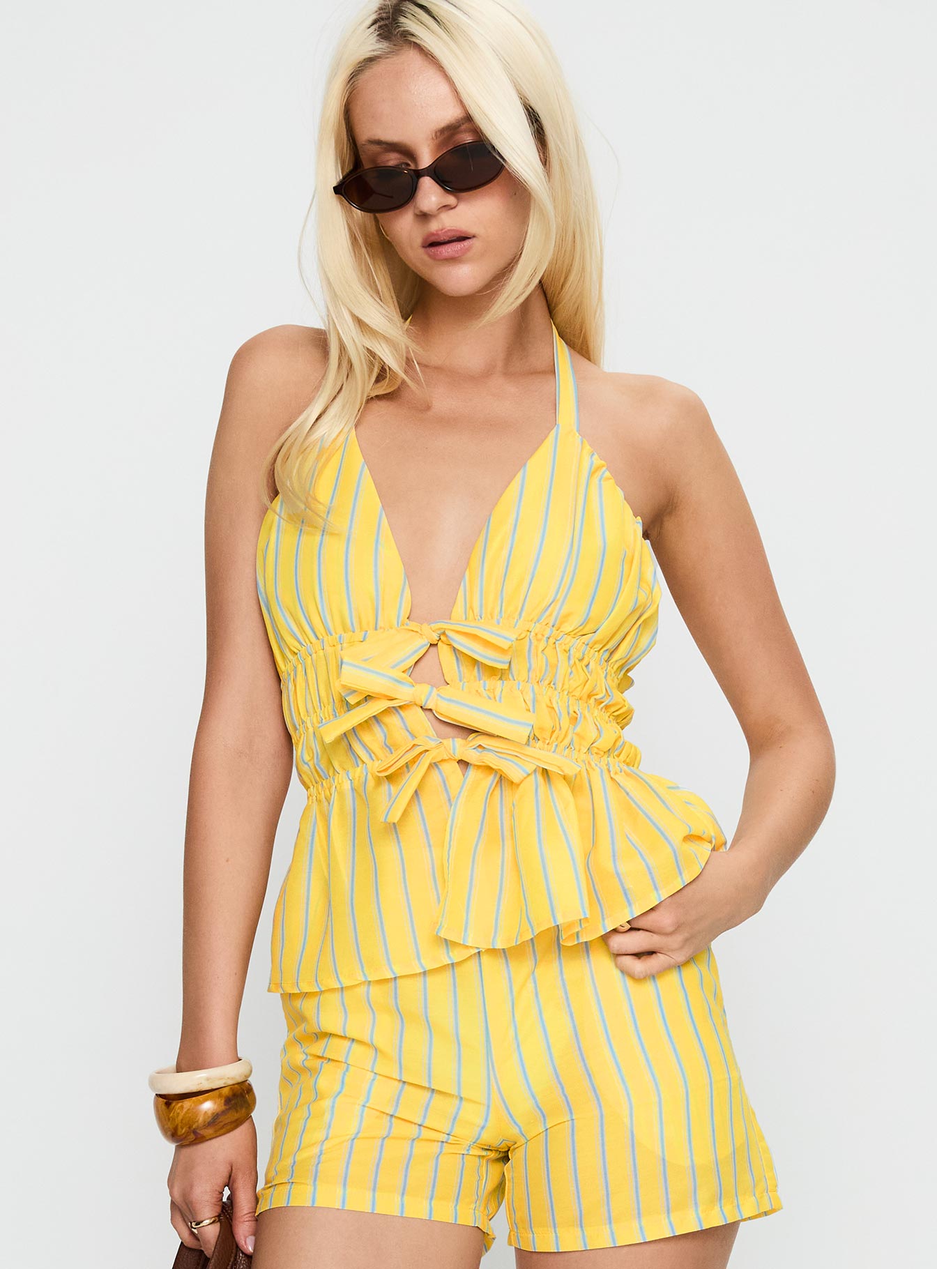 Delicacy Tie Detail Top Yellow Stripe