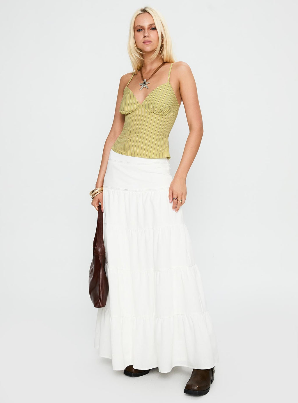 Snowy River Tiered Maxi Skirt White