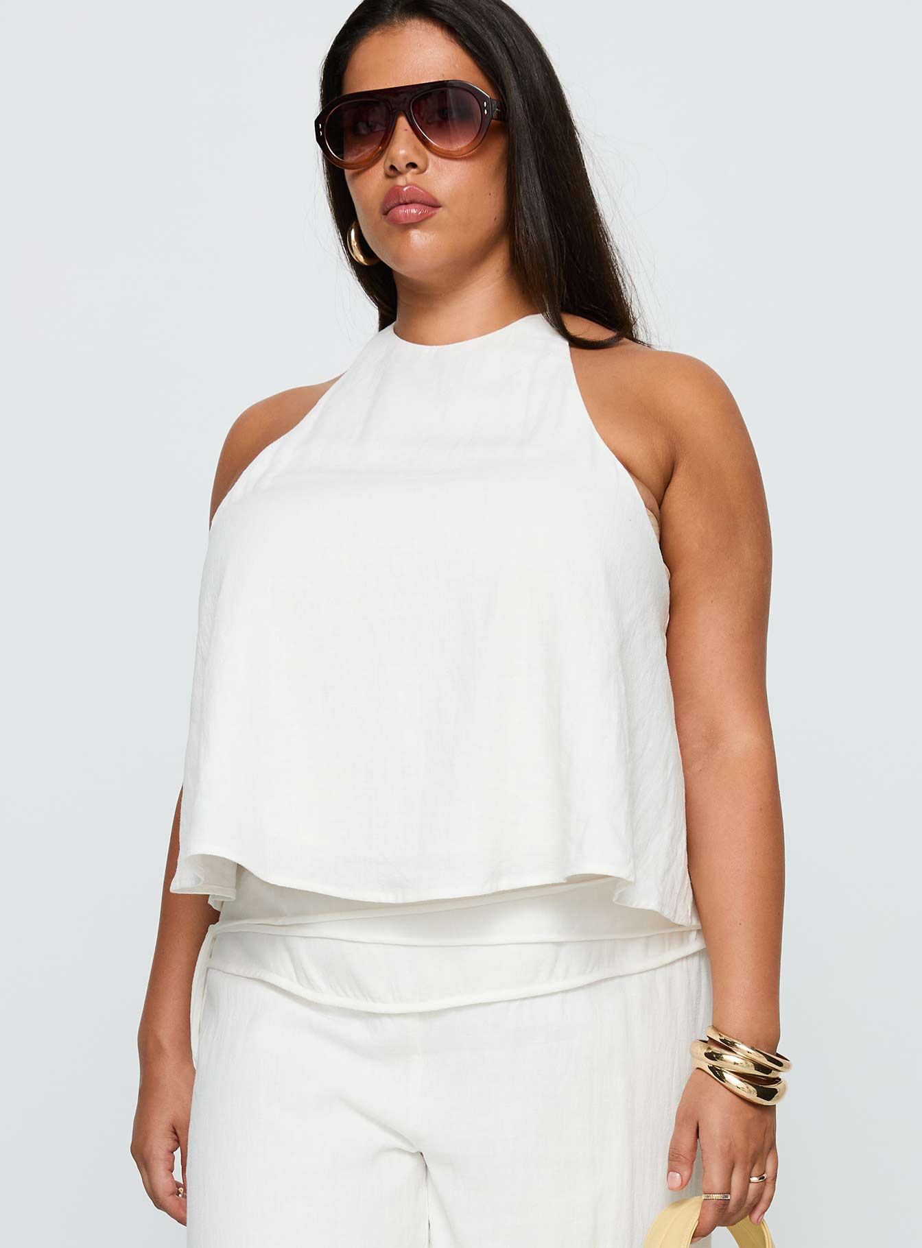 Aquaria Halter Linen Blend Top White Curve