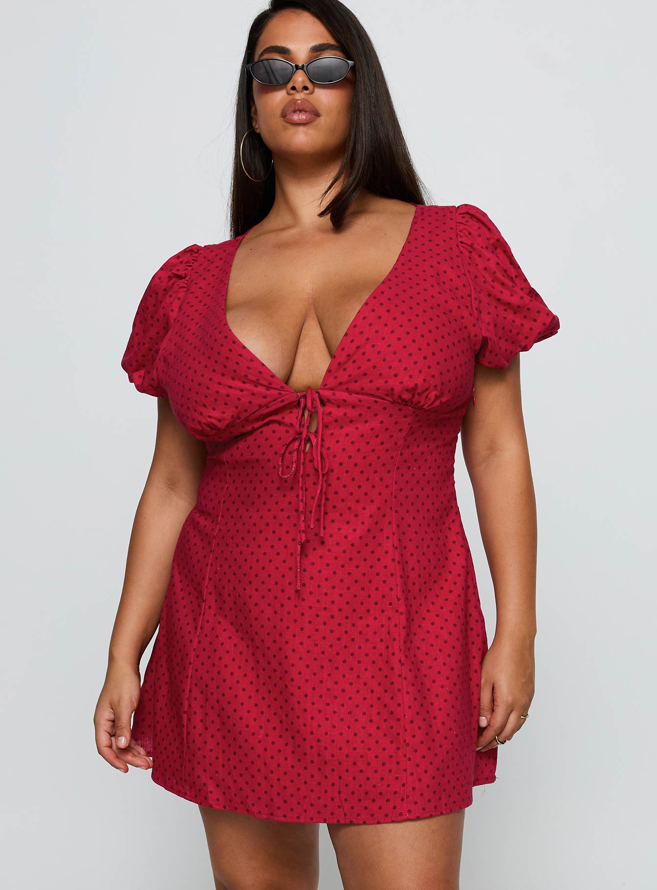 Beloved Puff Sleeve Linen Blend Mini Dress Red Polka Curve