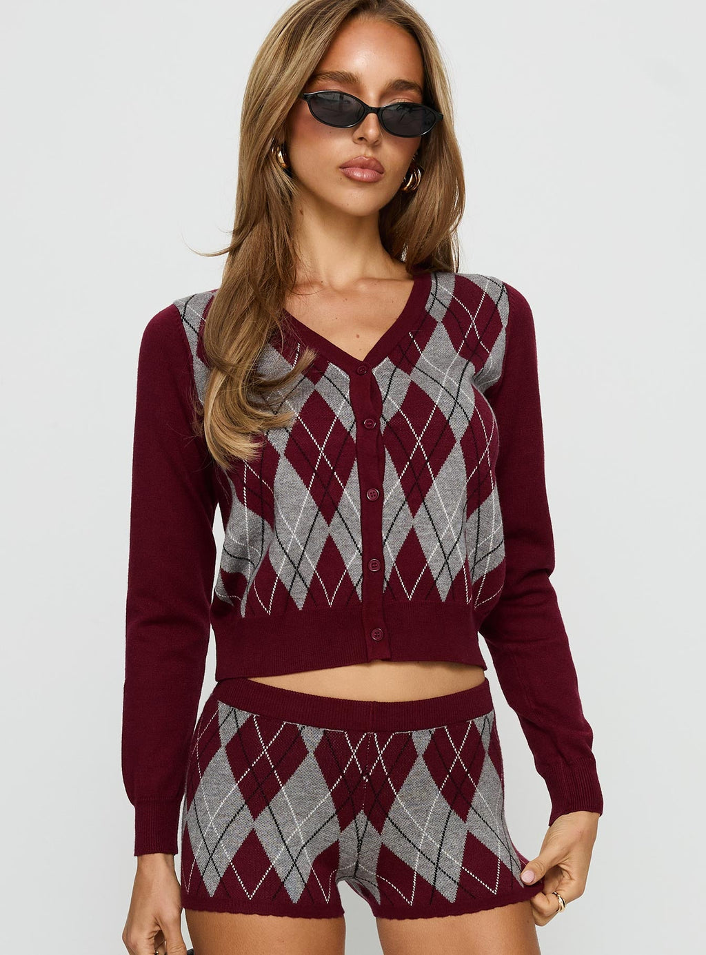 Raiven Knit Cardigan Burgundy Argyle