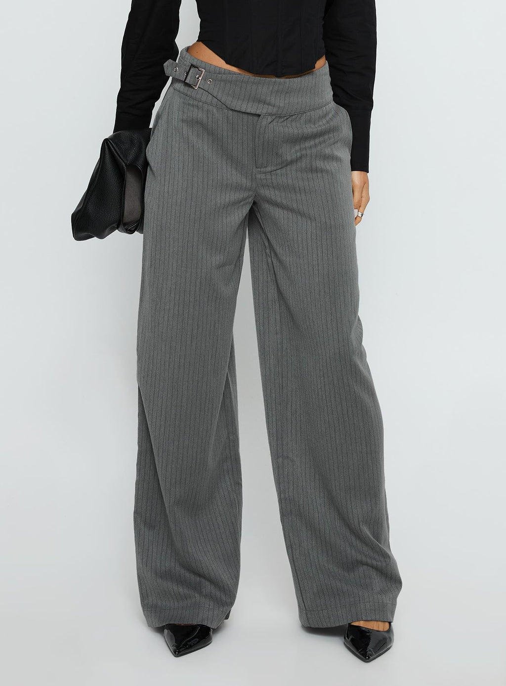 Jinny Relaxed Buckle Tailored Pants Grey Pinstripe