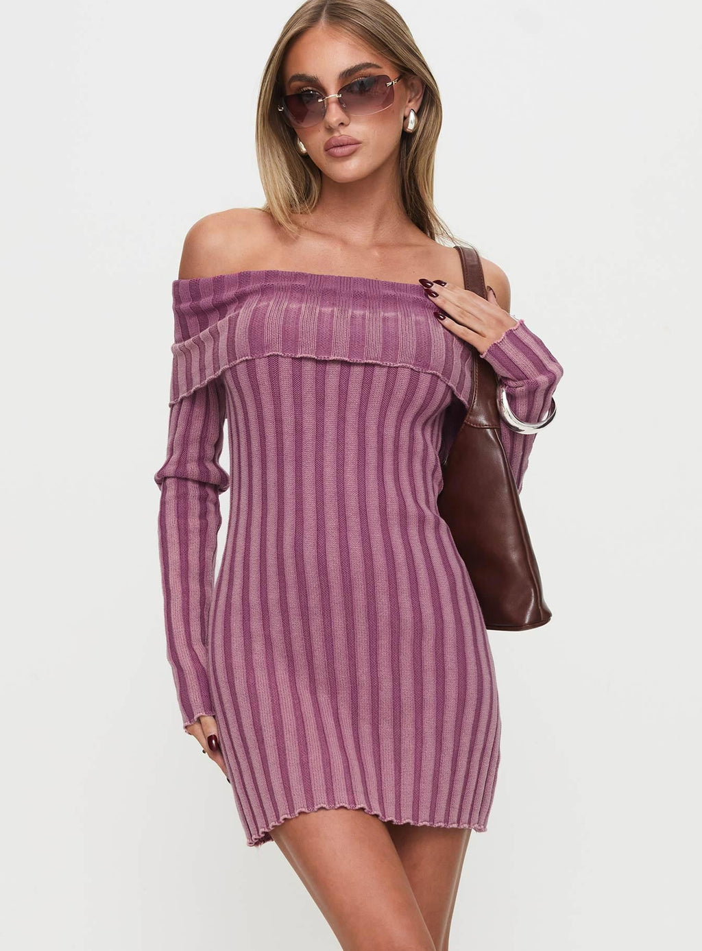 Kalesie Long Sleeve Rib Mini Dress Pink