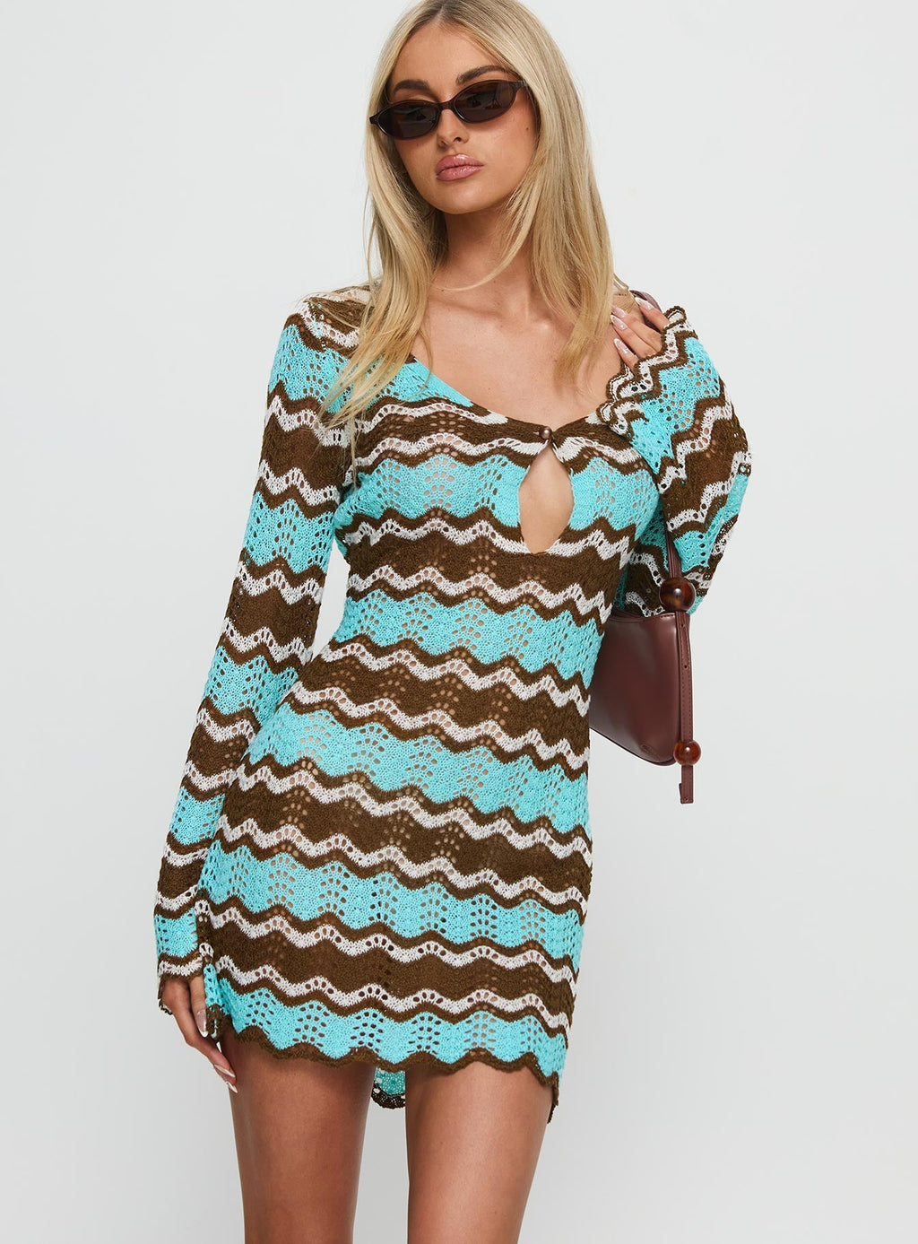 Suka Long Sleeve Knit Mini Dress Brown / Blue