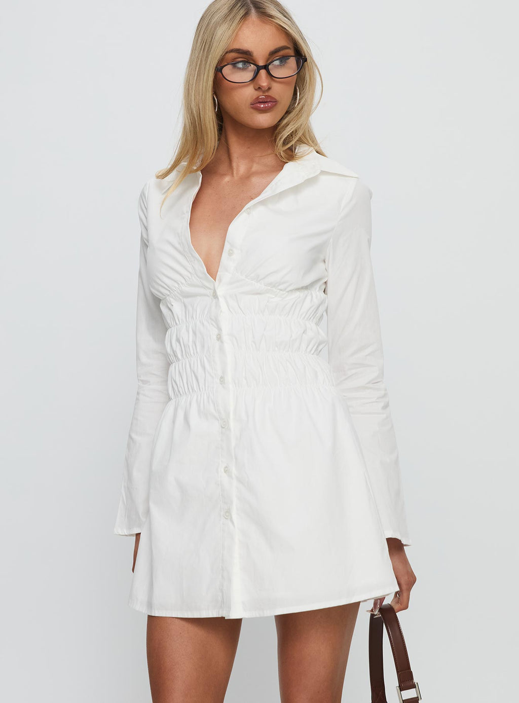 Stellaria Ruched Long Sleeve Mini Dress White