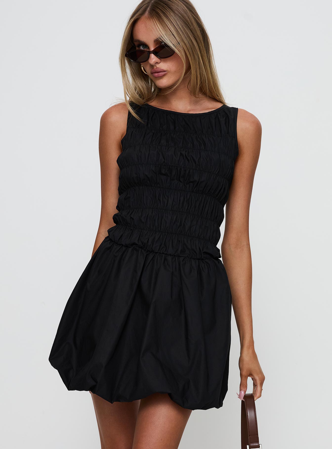 Demure Shirred Bubble Hem Mini Dress Black