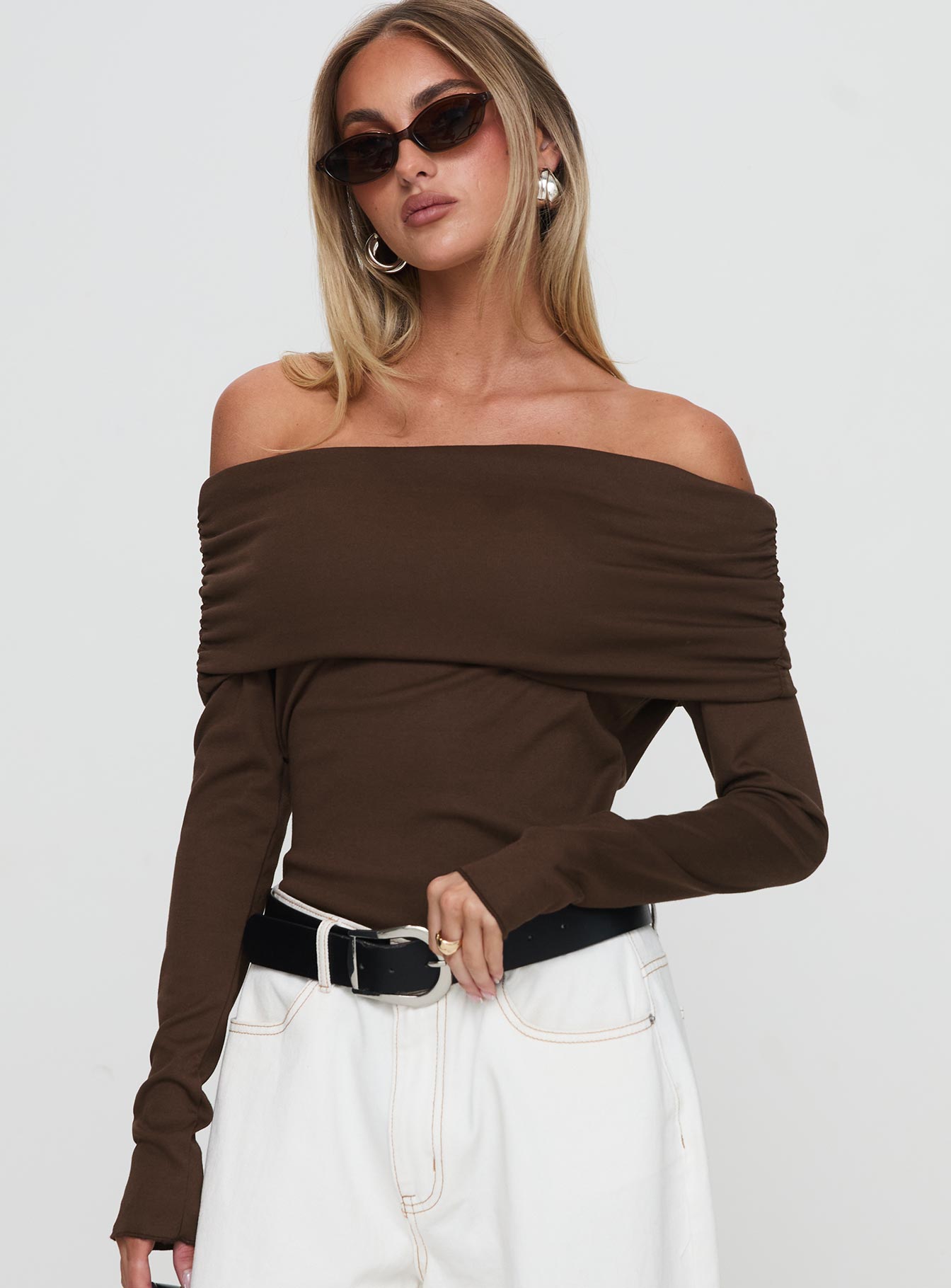 Spoilt Off The Shoulder Bodysuit Brown