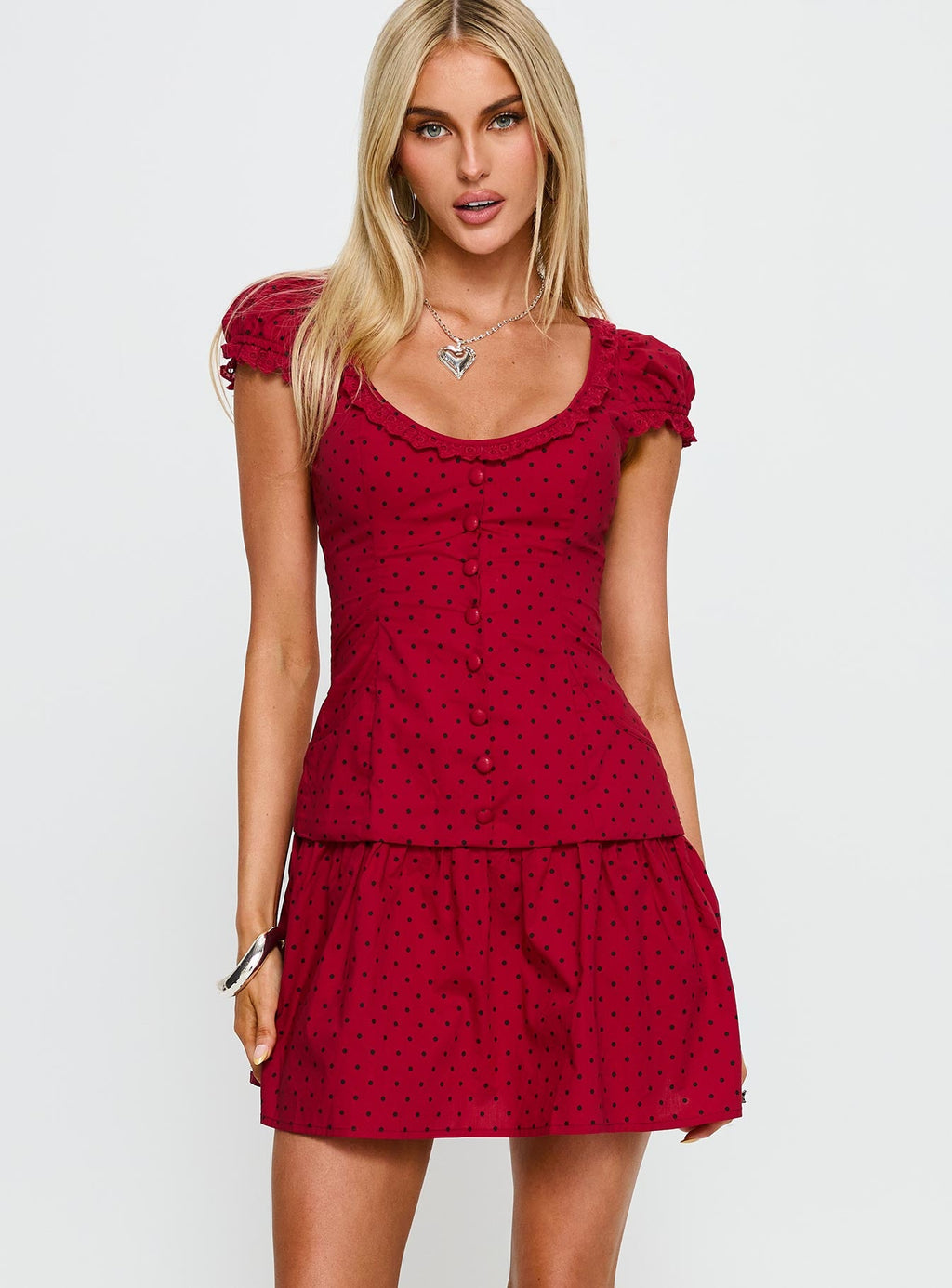 Ottillie Lace Trim Button Down Mini Dress Red Polka Dot