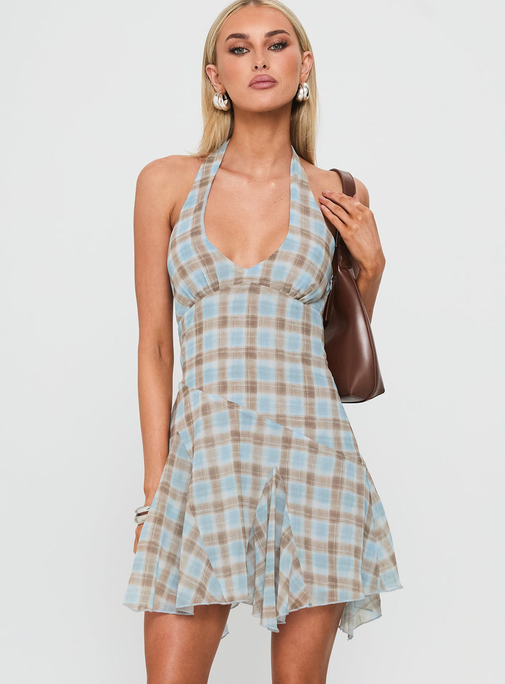Valorie Halter Mini Dress Blue Check