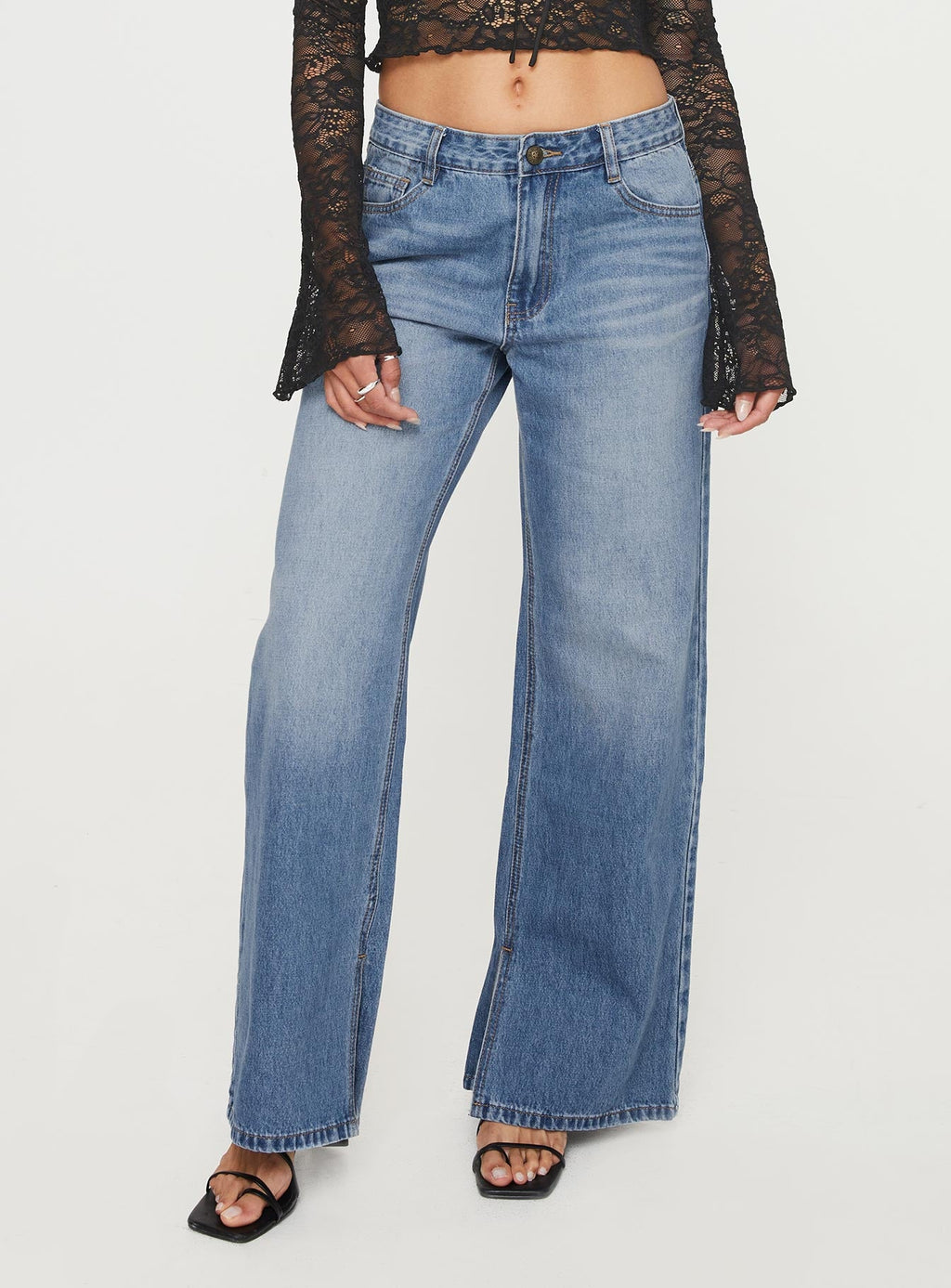 Azula Mid Rise Wide Leg Denim Jean Mid Blue
