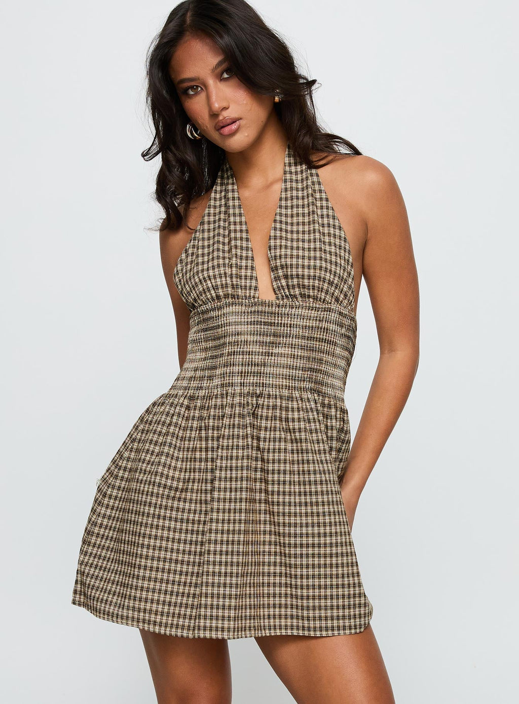 Juanette Halter Mini Dress Brown Check