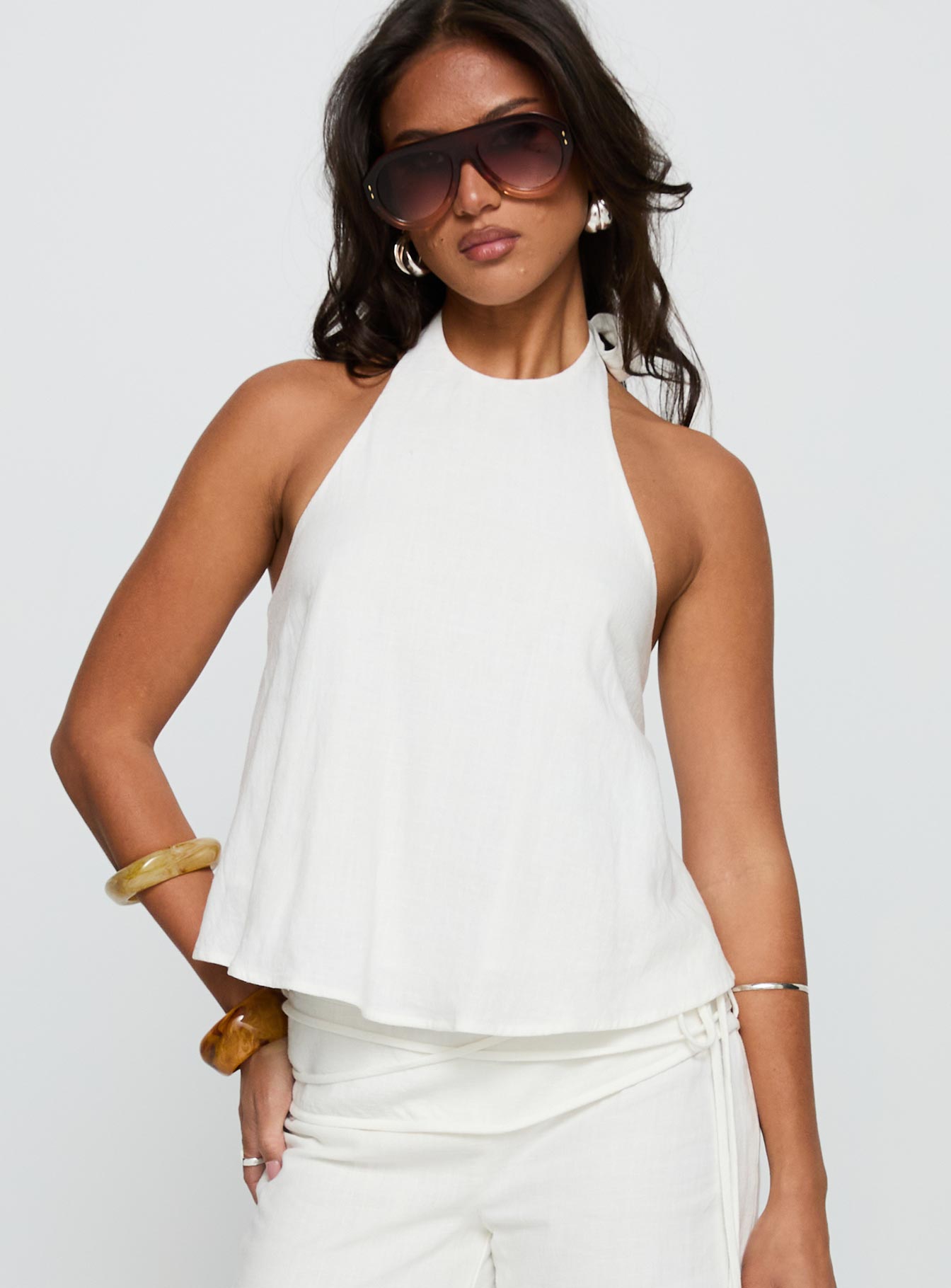 Aquaria Halter Linen Blend Top White