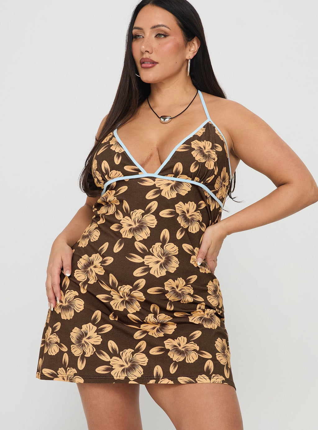 Mishie Halter Mini Dress Brown / Blue Floral Curve