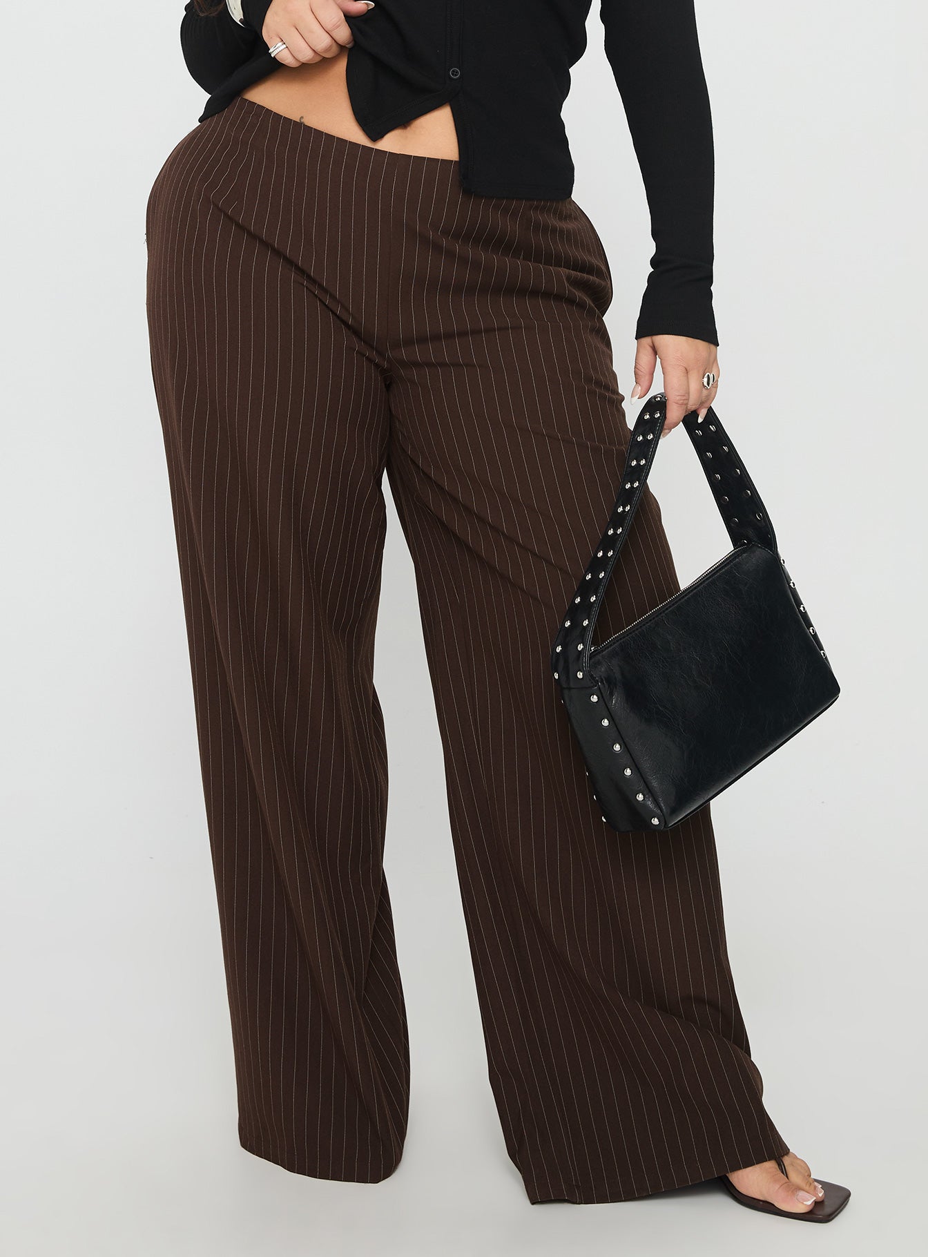 Khane Low Rise Wide Leg Pant Brown Pinstripe Curve