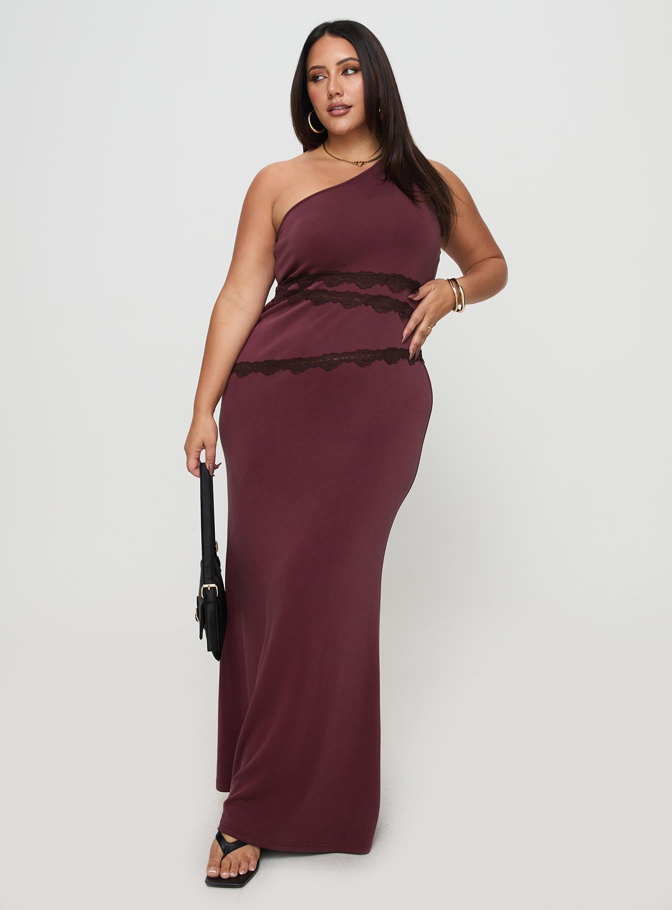 Ultraviolet One Shoulder Lace Maxi Dress Wine Curve