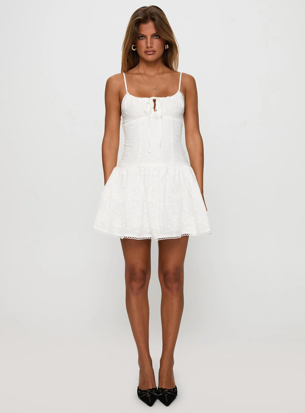 Peonies Embroidered Mini Dress White
