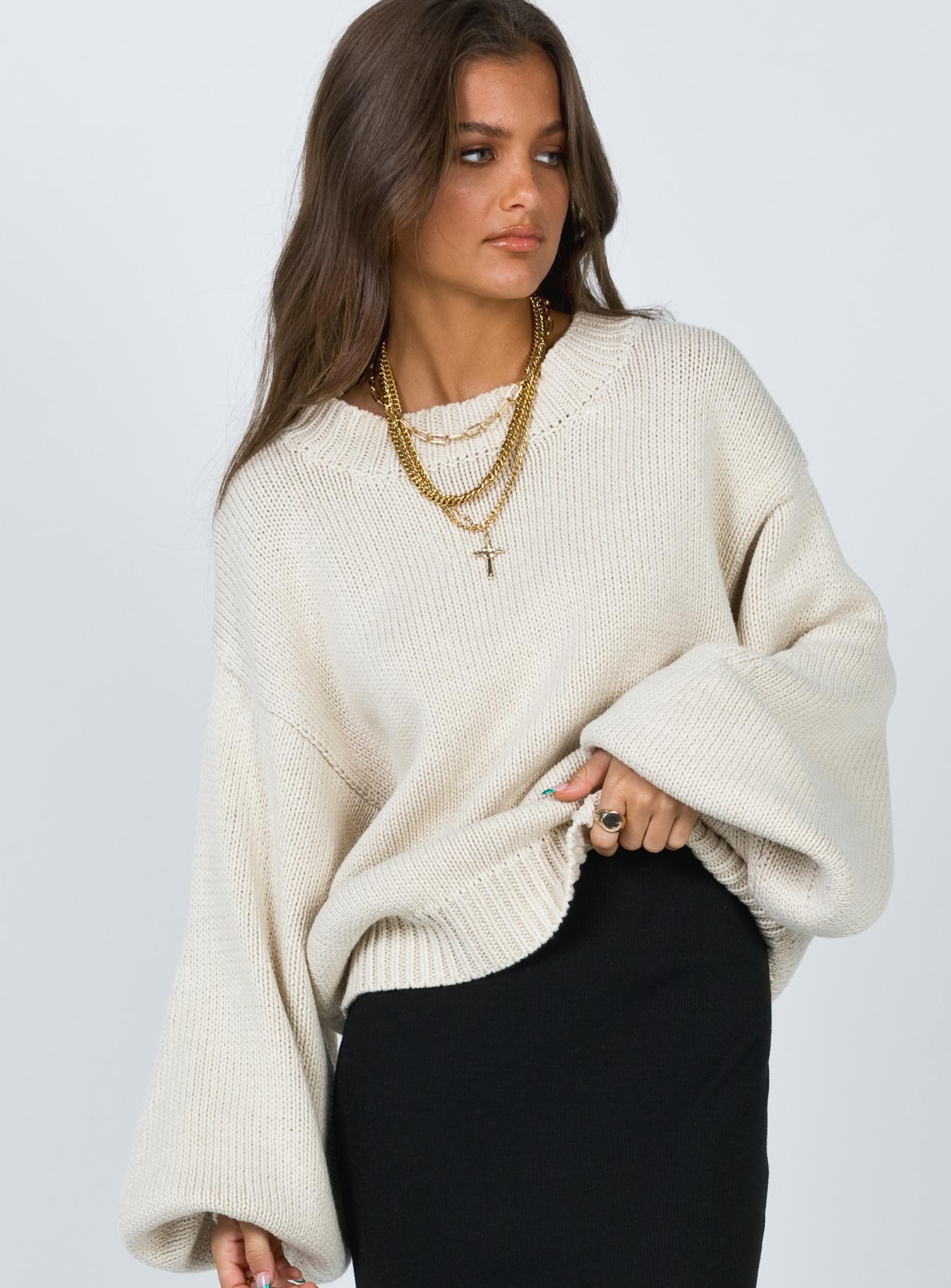 Harmony Balloon Sleeve Knit Sweater Beige
