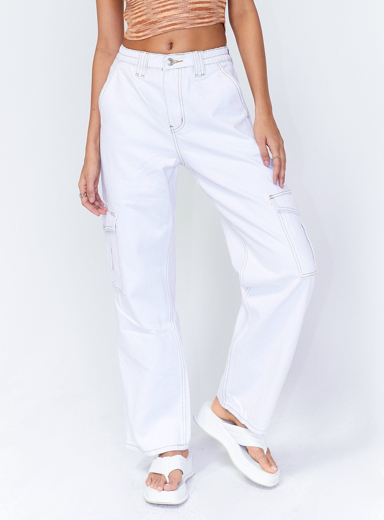 Utility High Rise Straight Leg Cargo Denim Jeans White