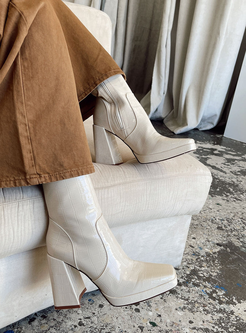 Jamie Croc Platform Boots Cream