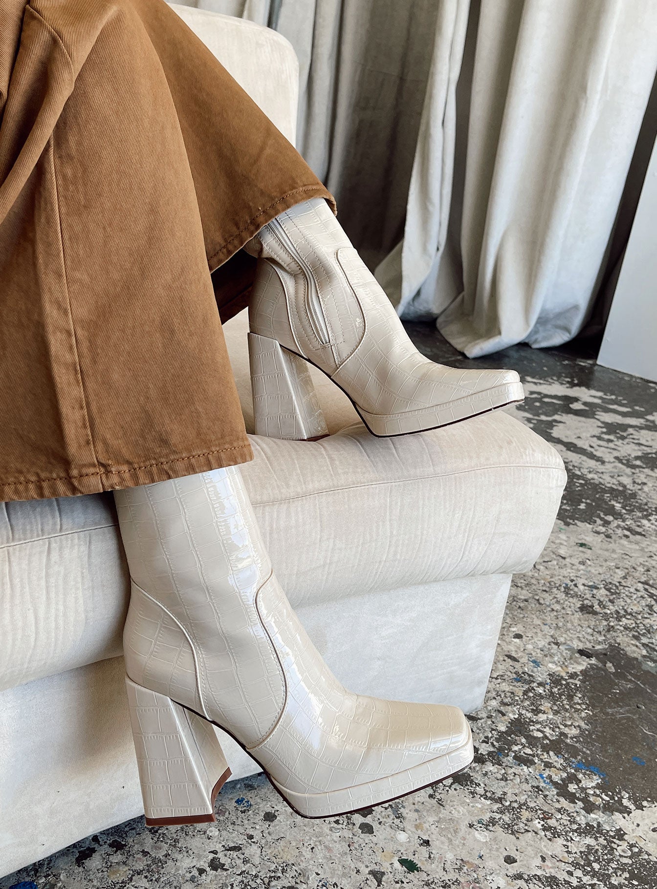Jamie Croc Platform Boots Cream
