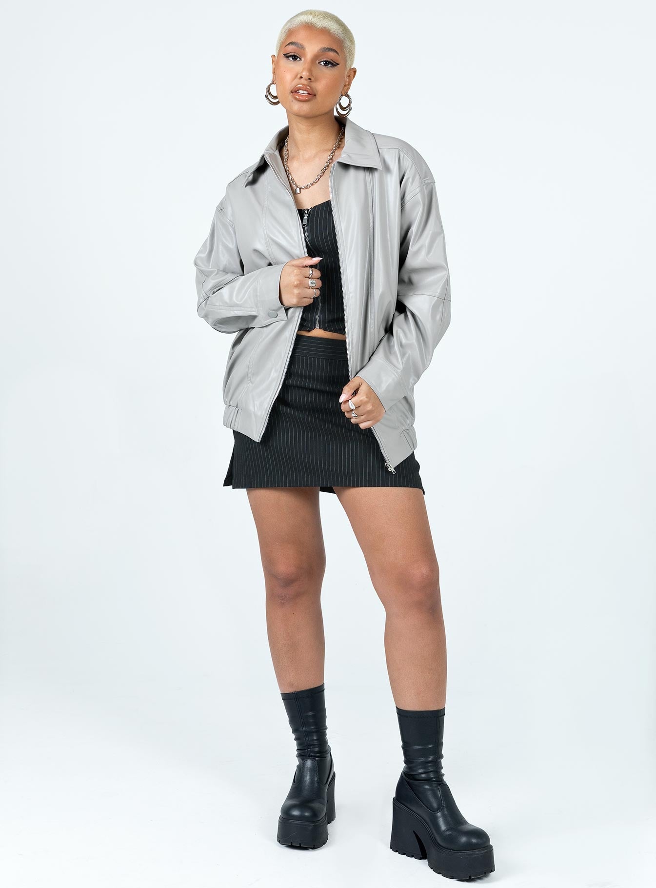 Braelynn Faux Leather Bomber Jacket Grey