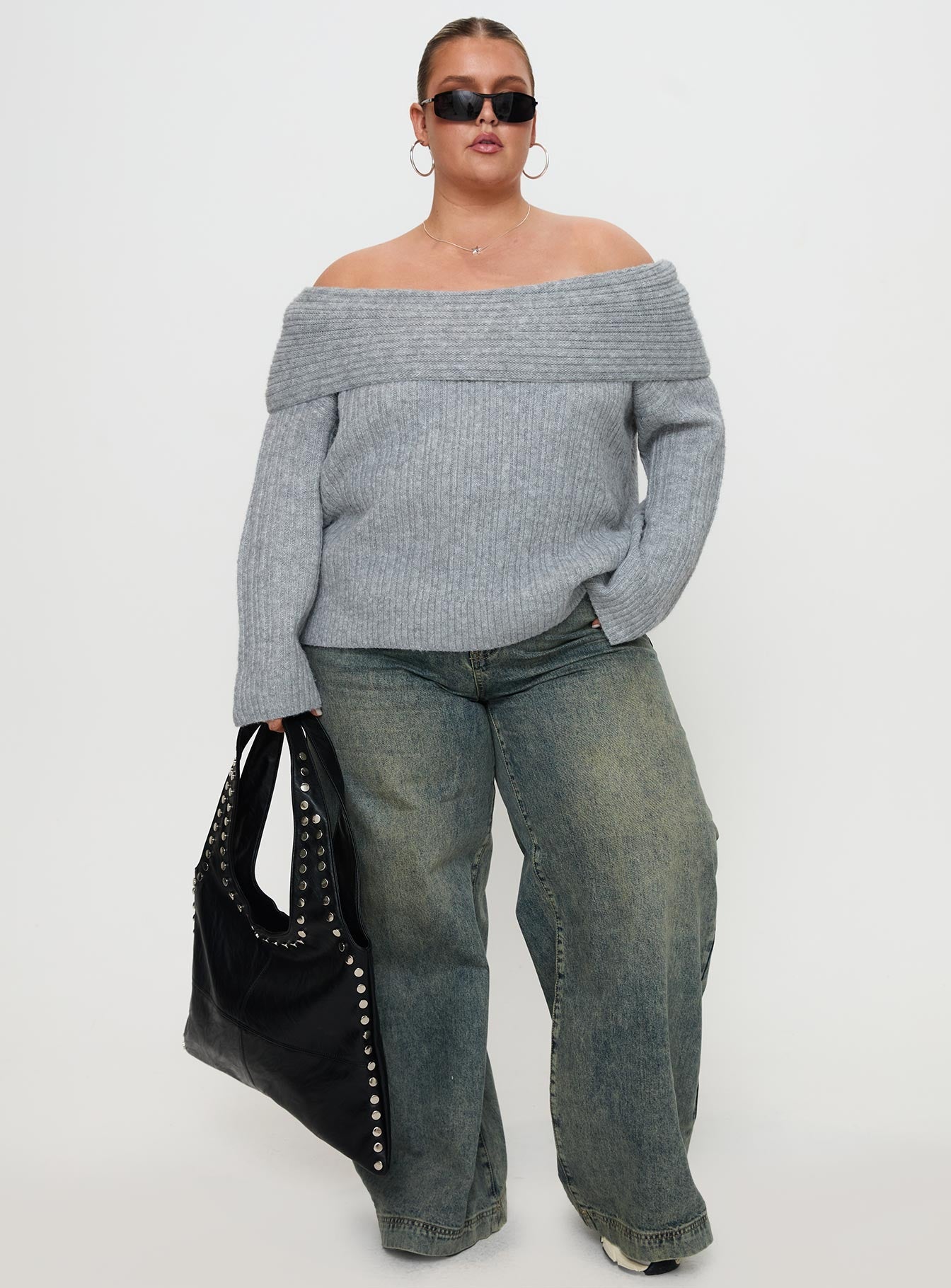 Snowie Off Shoulder Knit Sweater Grey Curve