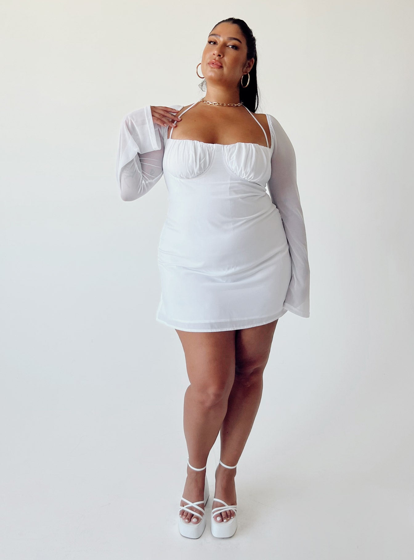 Dyer Sheer Sleeve Mini Dress White Curve