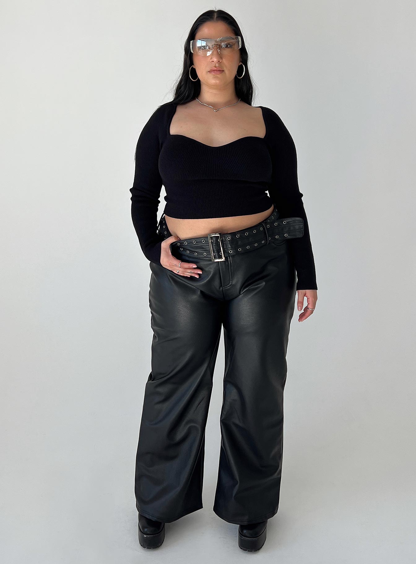 Torridon Eyelet Belt Faux Leather Pants Black Curve