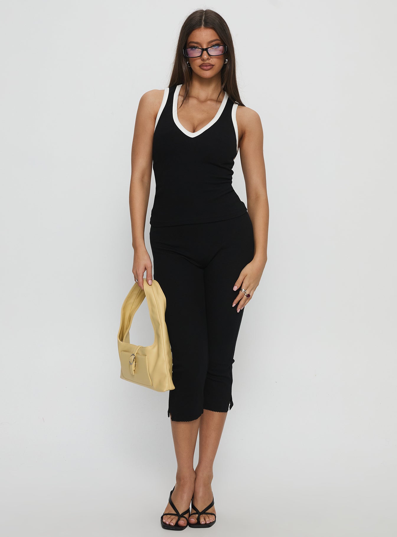 Baseline V Neck Rib Tank Top Black / White