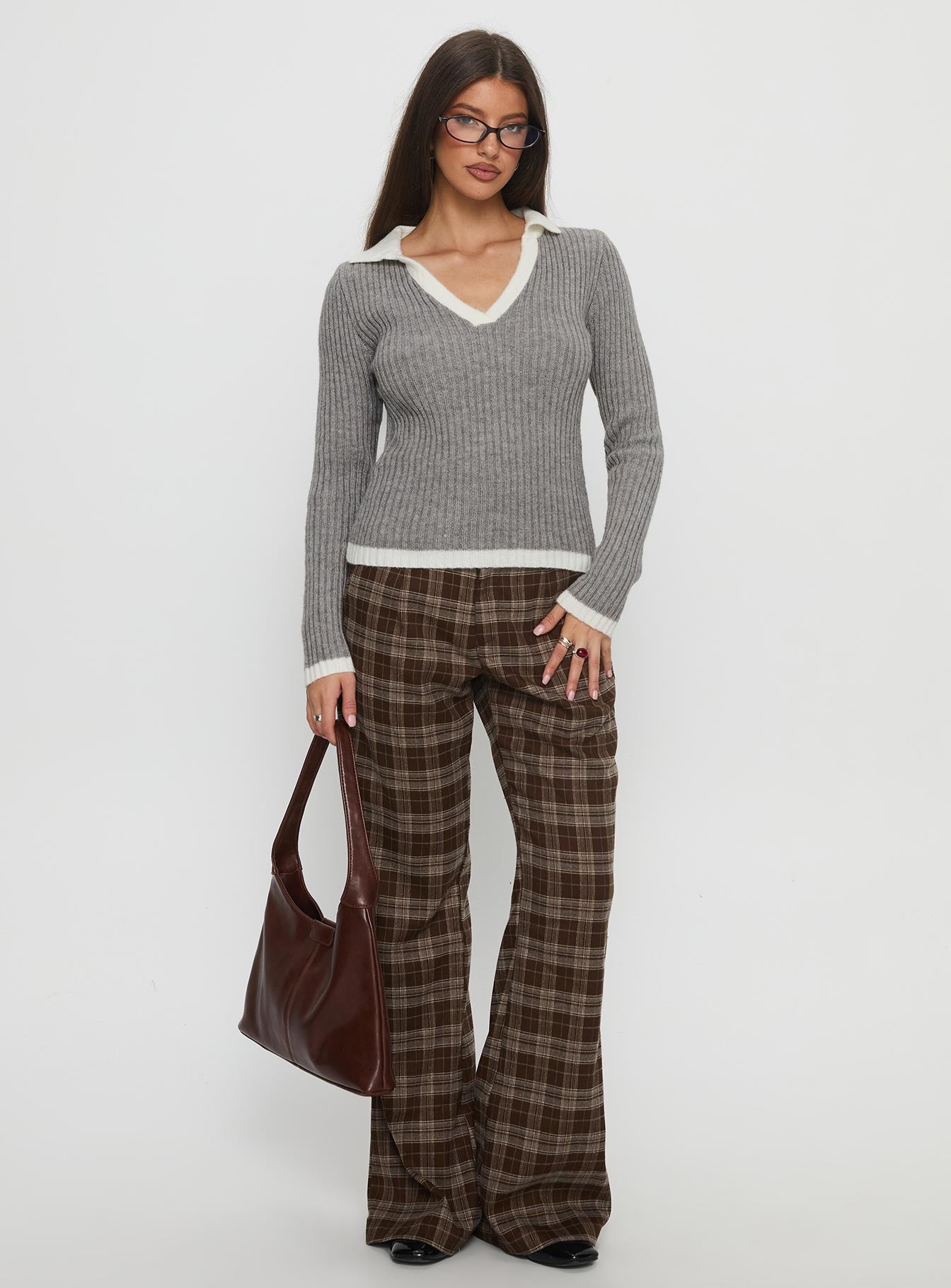 Emiroki Straight Leg Pants Brown Check