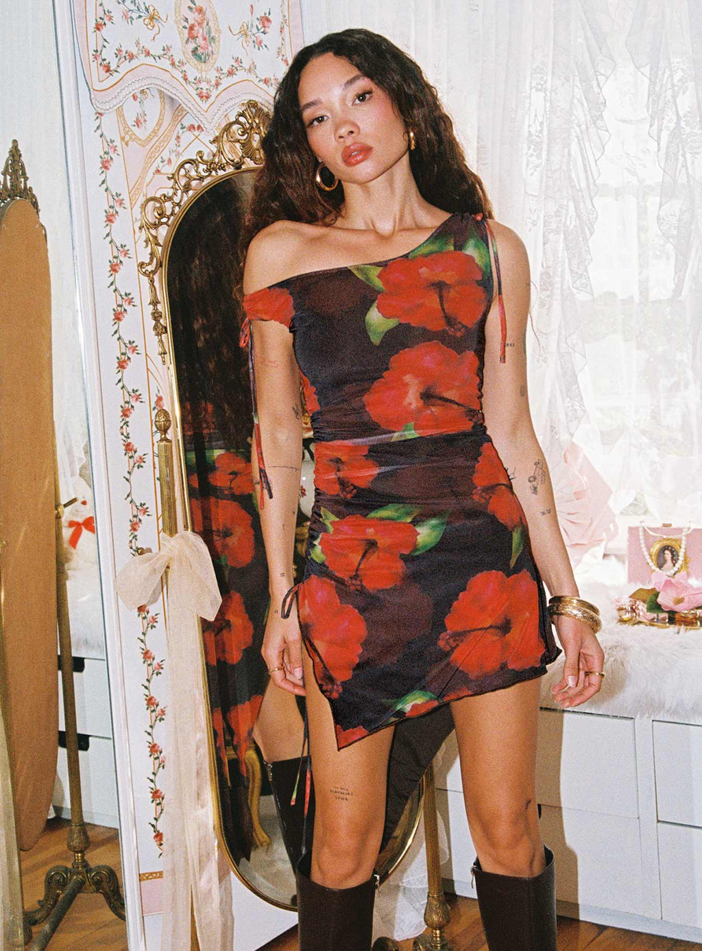 Harmonie One Shoulder Mini Dress Brown / Red