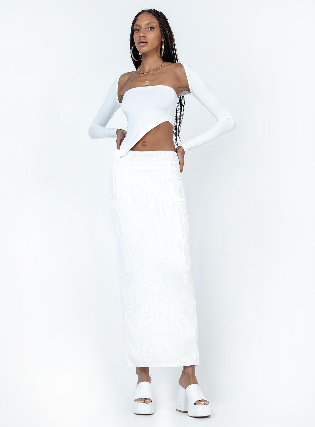 Echo Low Waist Knitted Maxi Skirt White