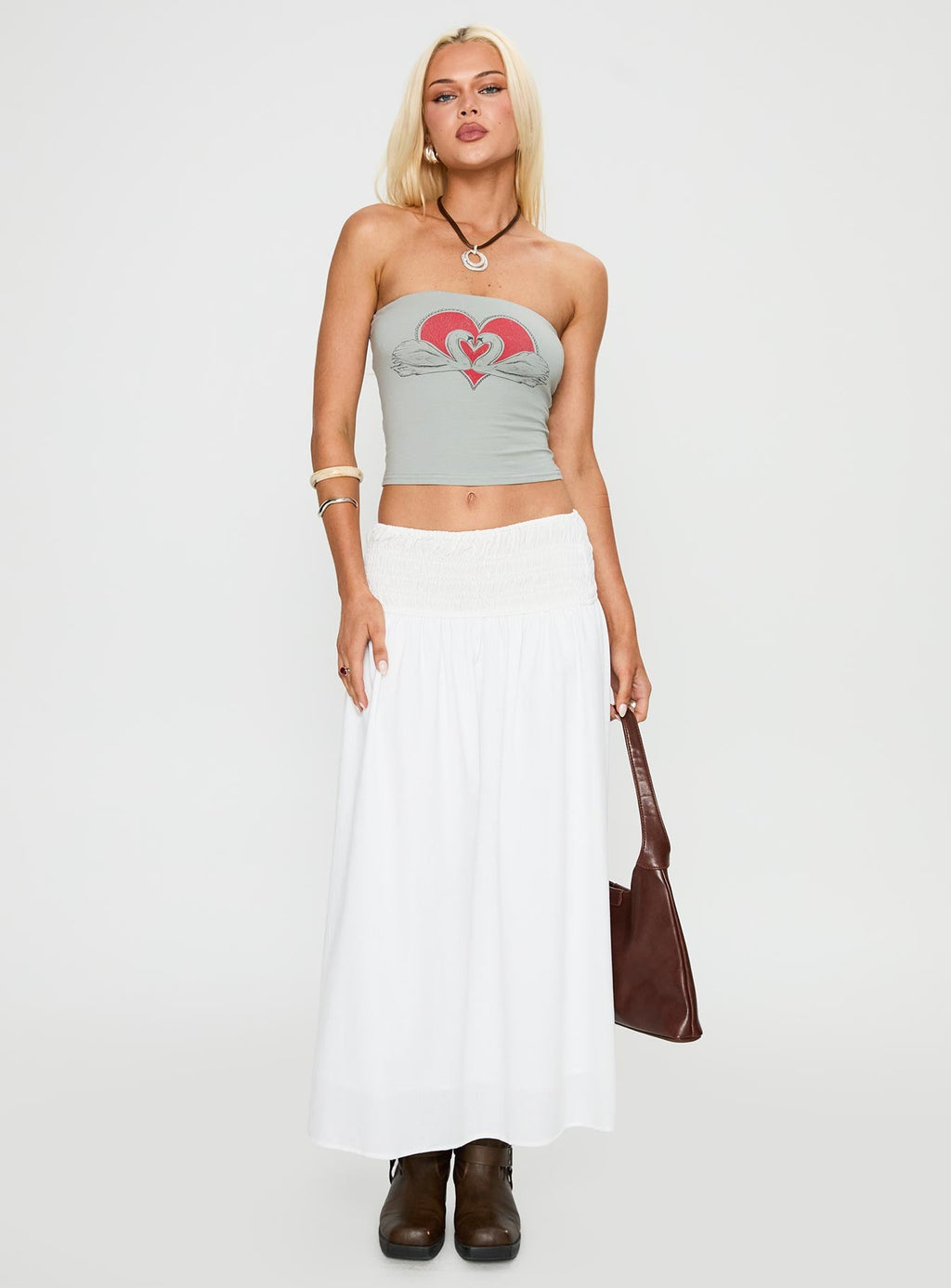 Small Towns Shirred Midi Skirt White