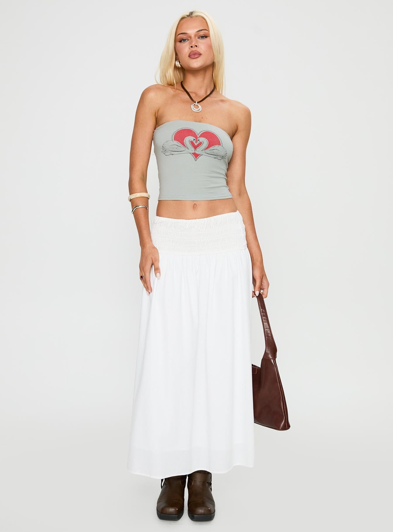 Small Towns Shirred Midi Skirt White