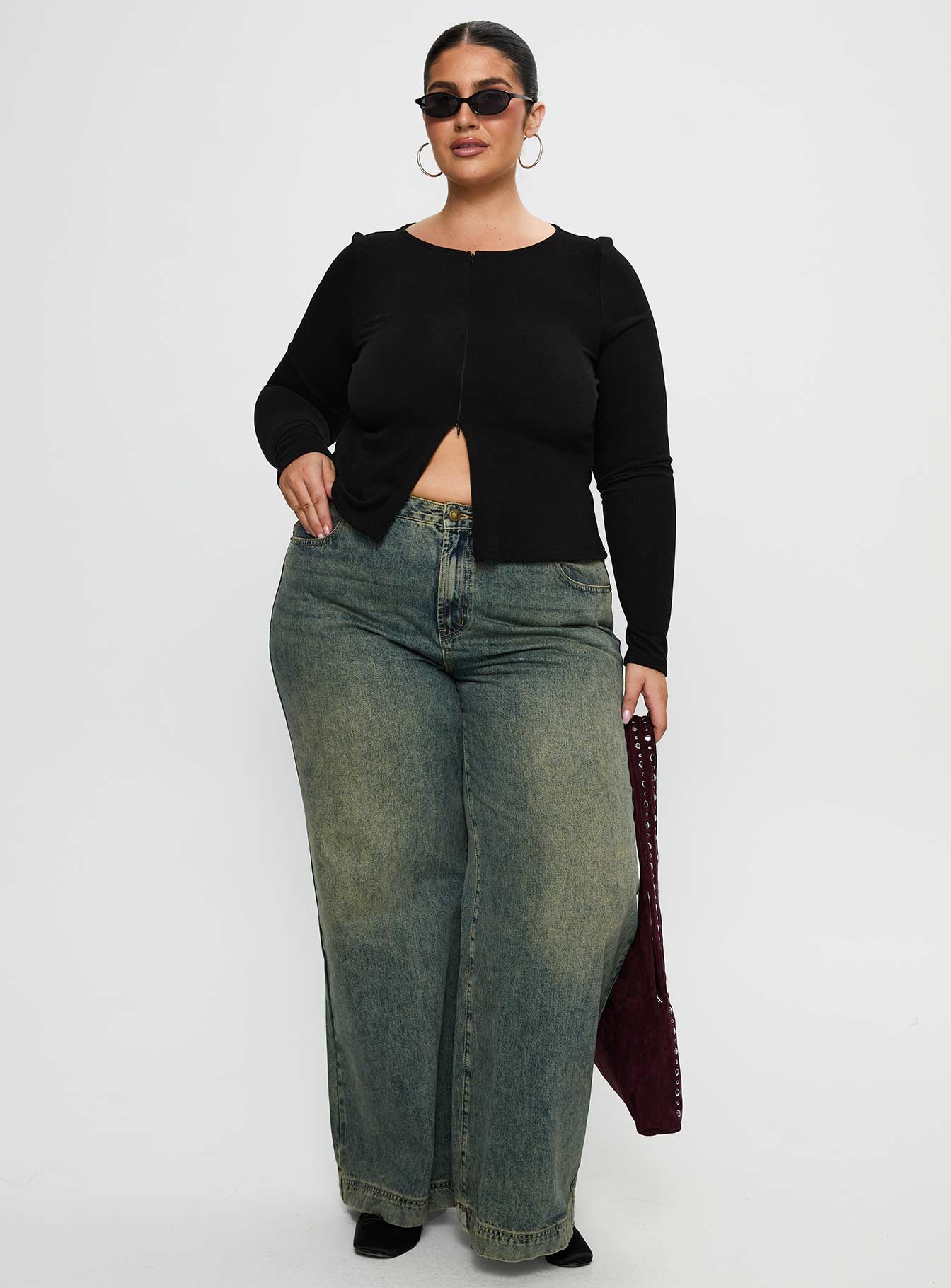 Kortez Long Sleeve Zip Through Top Black Curve