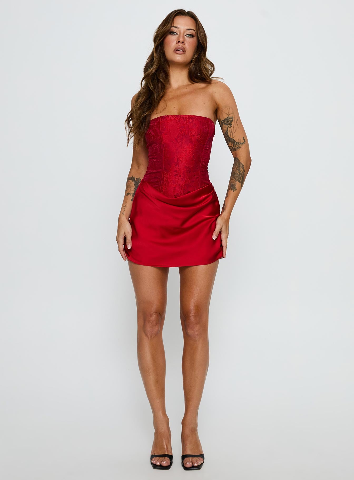 Jenevieve Strapless Drape Mini Dress Red