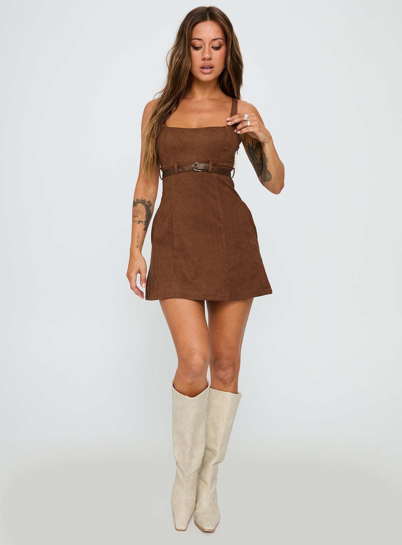 Way Back In Faux Suede Mini Dress Brown