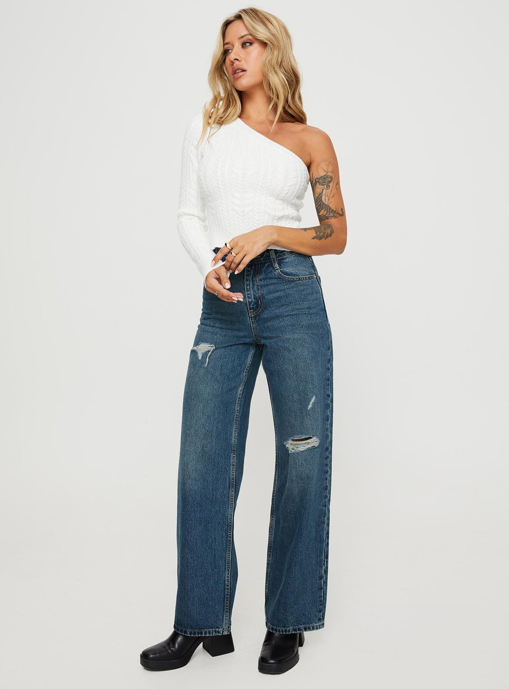 Beetle High Rise Wide Leg Ripped Jeans Mid Wash