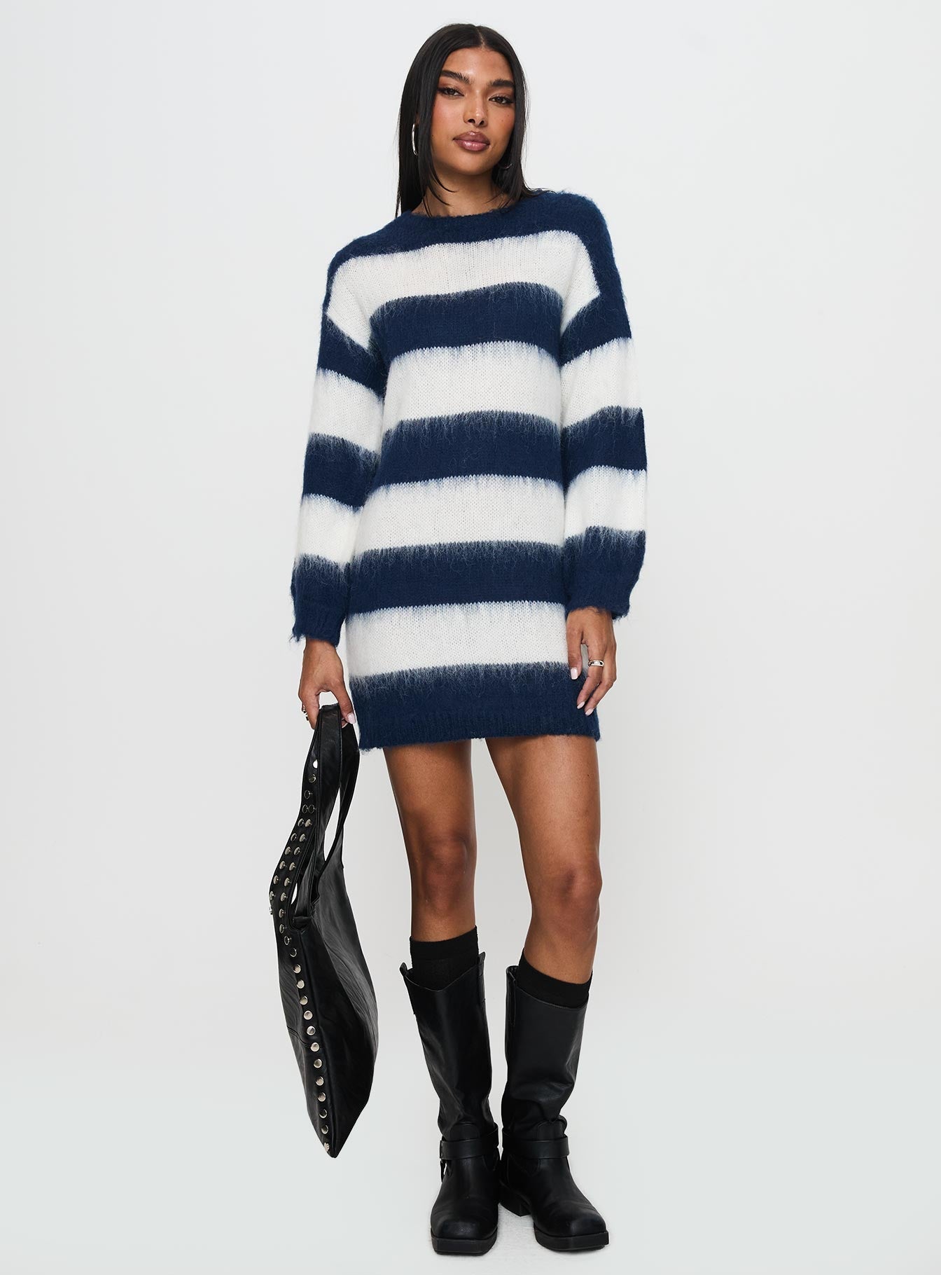 Iryna Long Sleeve Knit Mini Dress Navy / White Stripe