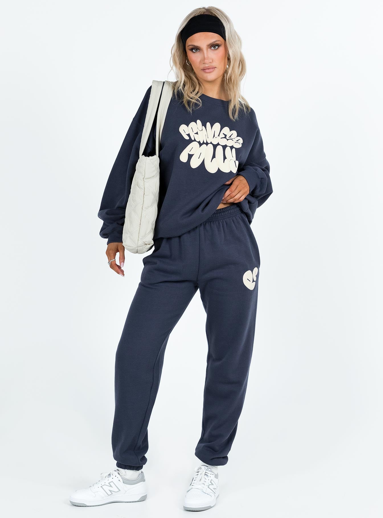 Princess Polly Track Pants Bubble Text Slate / Eggshell