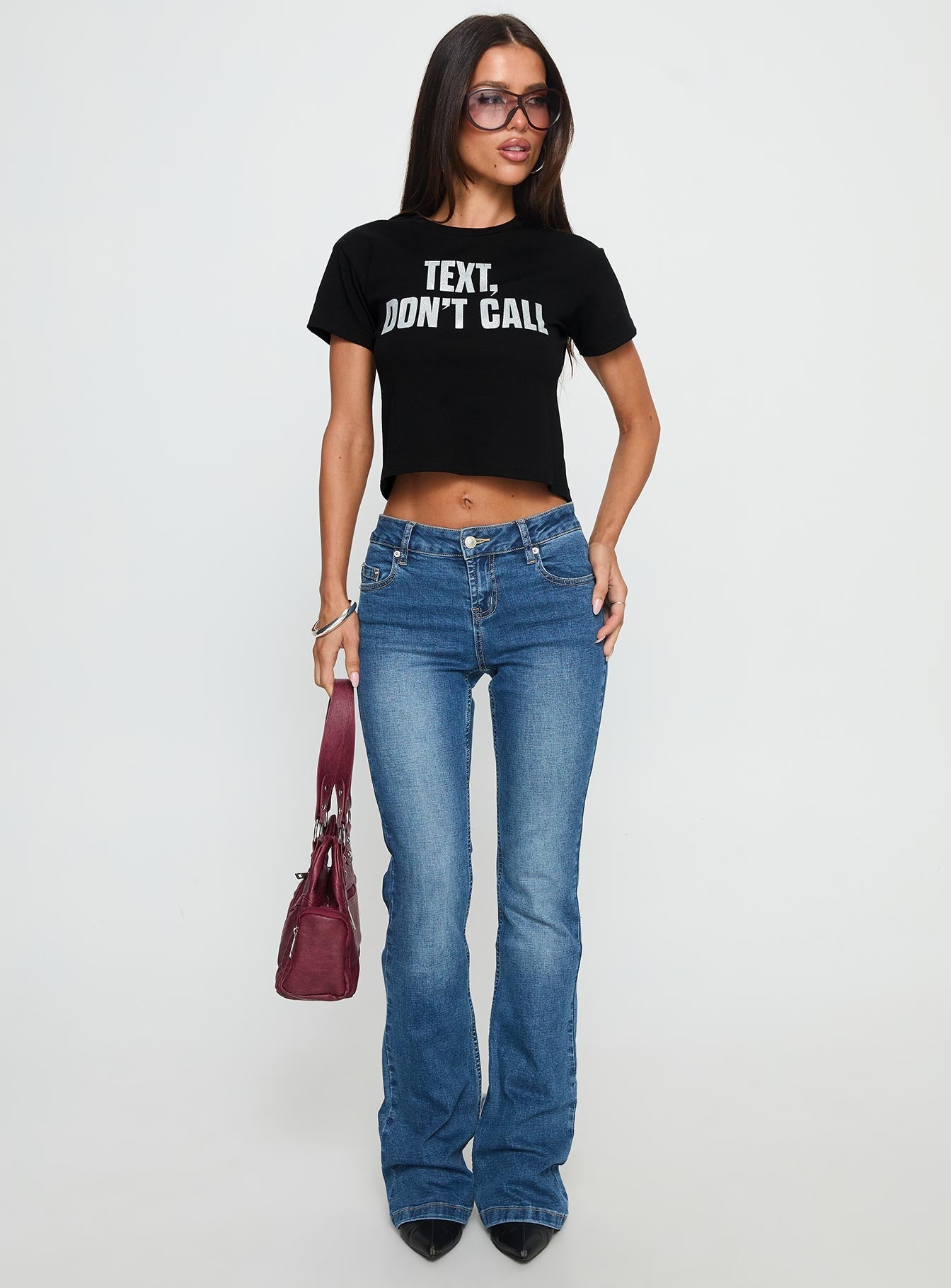 Text, Don't Call Shimmer Graphic Top Black